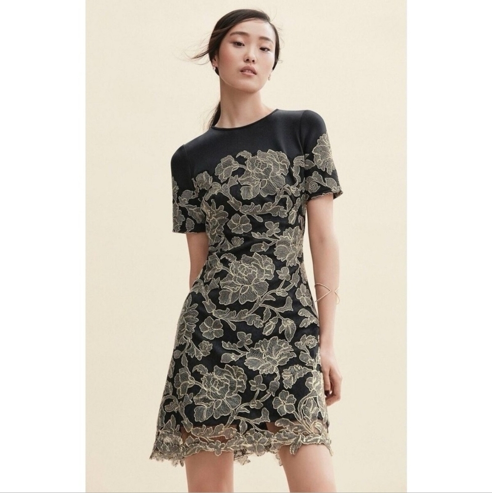Tadashi Shoji Black & Gold Peony Floral Print Sabi Fit & Flare Dress - 12